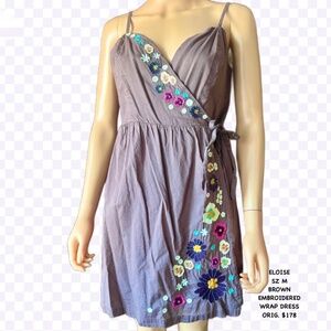 ELOISE SZ M BROWN EMBROIDERED WRAP DRESS